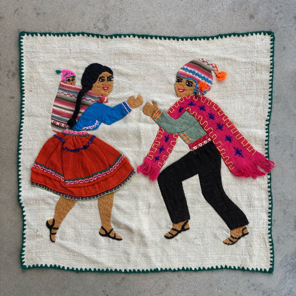Chile/Peru Embroidered Weaving Textile Tapestry Man and Woman with Baby Dancing